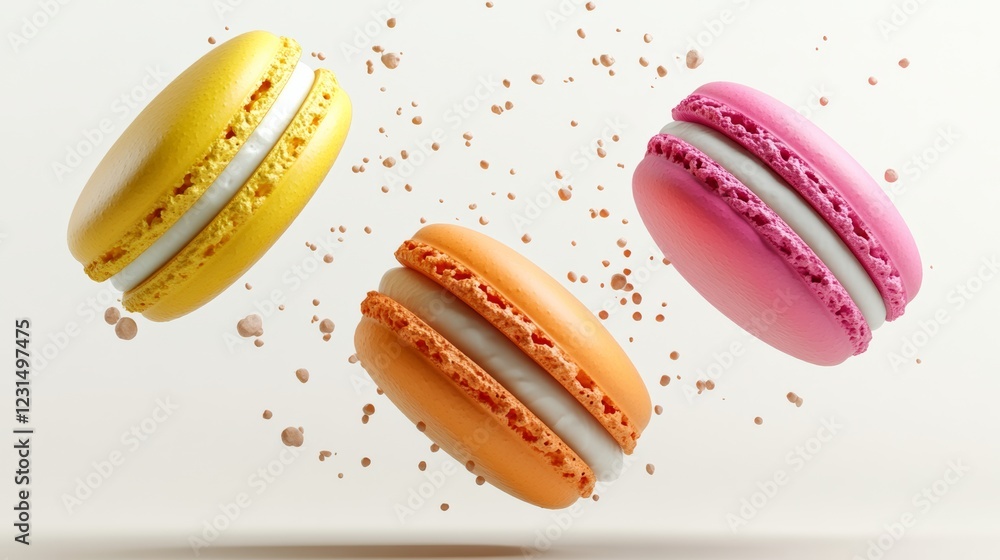 Poster three macarons are flying through the air, each with a different color. the bright colors and the wa