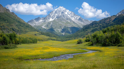 Majestic mountain valley, wildflowers, stream, sunny day, travel poster