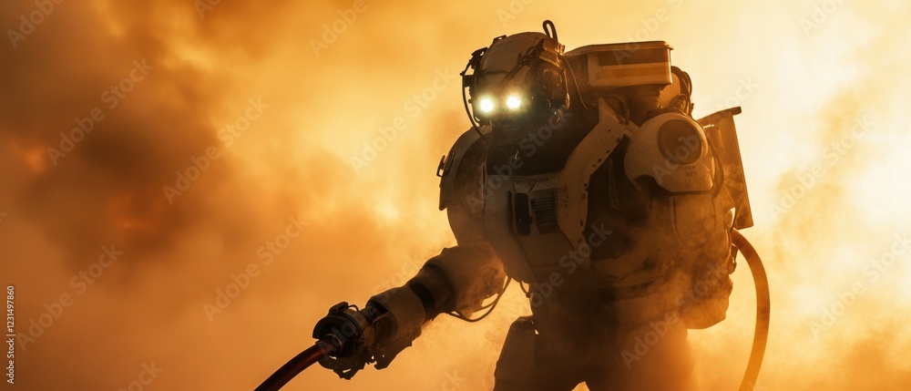 Poster space suit, astronaut exploring fiery environment with advanced technology and glowing visor. advent