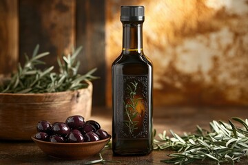 A dark glass bottle of olive oil with rosemary sprigs and olives in a rustic setting.