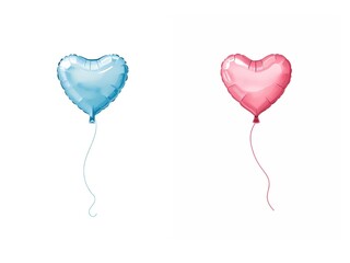 A blue and a pink heart-shaped foil balloon float side by side against a plain white background, each with a thin string, creating a festive and romantic composition.
