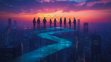 	
Abstract business team stands on the peak of success amid tall, innovative Smart city and graphs with statistics to analyze business potential and predict future developments in company growth.