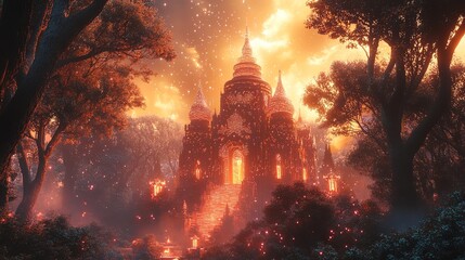 Obraz premium A radiant glowing temple surrounded by surreal luminous trees in a fantasy forest