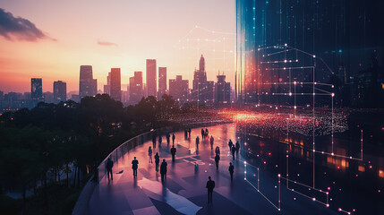 	
Abstract business team stands on the peak of success amid tall, innovative Smart city and graphs with statistics to analyze business potential and predict future developments in company growth.