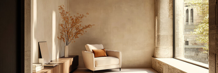 Bright and minimalistic interior room featuring a cozy armchair and large window view