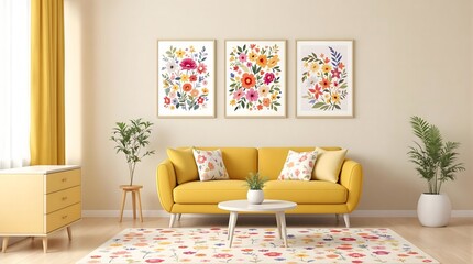 Living Room with Yellow Sofa Floral Accents, Botanical Prints, Colorful Rug, Bright Decor - Ideal for Interior Design, Home Staging, Real Estate, Lifestyle Content, Spring Decor