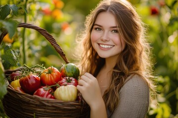 Woman holding a basket of fresh tomatoes in a garden, surrounded by vibrant vegetables, enjoying harvesting, representing organic farming and healthy living.
