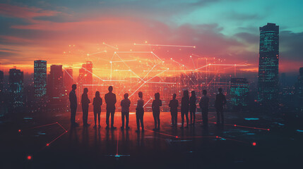 	
Abstract business team stands on the peak of success amid tall, innovative Smart city and graphs with statistics to analyze business potential and predict future developments in company growth.