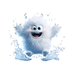 Fluffy 3D Cartoon Character Jumping into Glowing Pud Isolated on Transparent Background