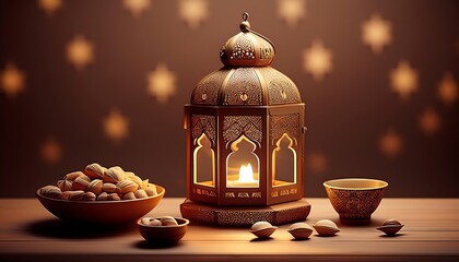Elegant Ramadan Kareem Background with Lanterns, Crescent Moon, and Floral Patterns in Gold and Blue