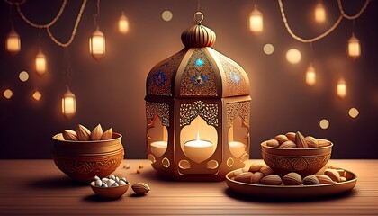 Elegant Ramadan Kareem Background with Lanterns, Crescent Moon, and Floral Patterns in Gold and Blue