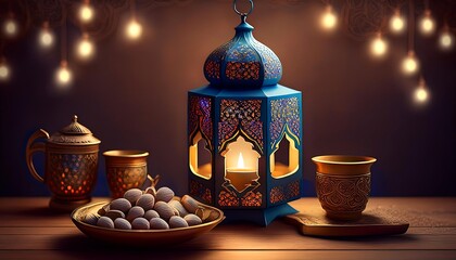 Elegant Ramadan Kareem Background with Lanterns, Crescent Moon, and Floral Patterns in Gold and Blue