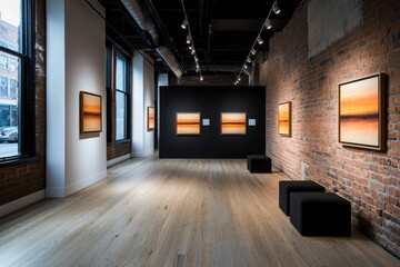 Fototapeta premium Contemporary Art Gallery Interior Featuring Minimalist Paintings and Urban Architecture with Warm Lighting