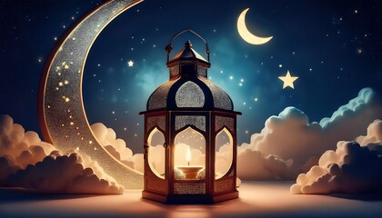 Elegant Ramadan Kareem Background with Lanterns, Crescent Moon, and Floral Patterns in Gold and Blue