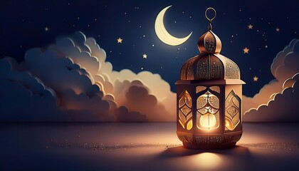 Elegant Ramadan Kareem Background with Lanterns, Crescent Moon, and Floral Patterns in Gold and Blue