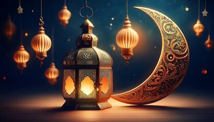 Elegant Ramadan Kareem Background with Lanterns, Crescent Moon, and Floral Patterns in Gold and Blue
