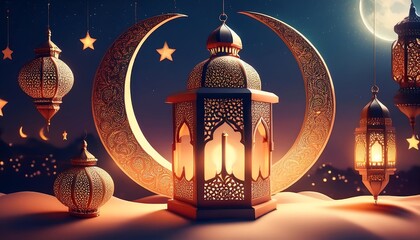 Elegant Ramadan Kareem Background with Lanterns, Crescent Moon, and Floral Patterns in Gold and Blue