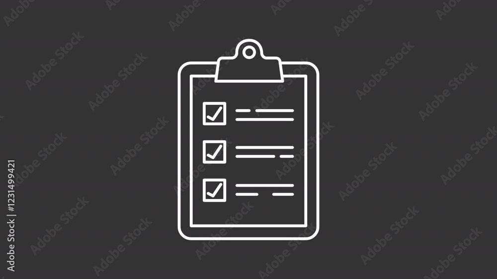Poster task list checkmarks white line animation. compliance clipboard animated icon. lines showing up. reg