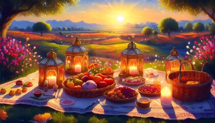 Elegant Ramadan Kareem Background with Lanterns, Crescent Moon, and Floral Patterns in Gold and Blue