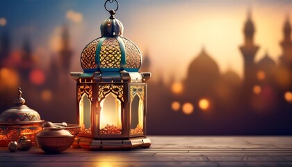 Elegant Ramadan Kareem Background with Lanterns, Crescent Moon, and Floral Patterns in Gold and Blue