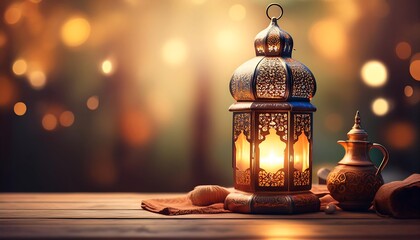 Elegant Ramadan Kareem Background with Lanterns, Crescent Moon, and Floral Patterns in Gold and Blue