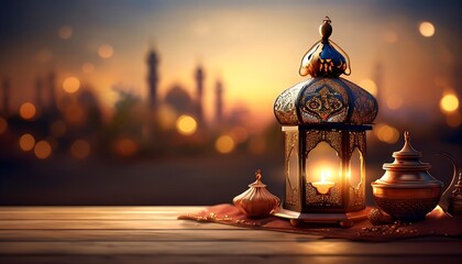 Elegant Ramadan Kareem Background with Lanterns, Crescent Moon, and Floral Patterns in Gold and Blue
