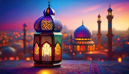 Elegant Ramadan Kareem Background with Lanterns, Crescent Moon, and Floral Patterns in Gold and Blue