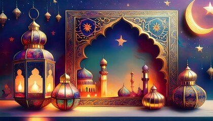 Elegant Ramadan Kareem Background with Lanterns, Crescent Moon, and Floral Patterns in Gold and Blue