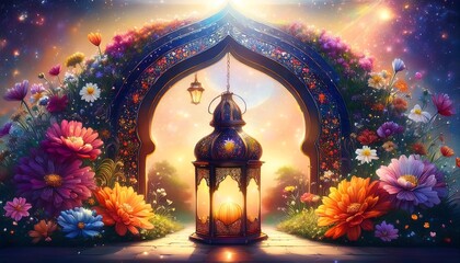 Elegant Ramadan Kareem Background with Lanterns, Crescent Moon, and Floral Patterns in Gold and Blue