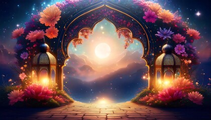 Elegant Ramadan Kareem Background with Lanterns, Crescent Moon, and Floral Patterns in Gold and Blue