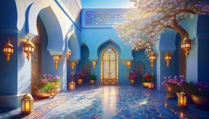 Elegant Ramadan Kareem Background with Lanterns, Crescent Moon, and Floral Patterns in Gold and Blue