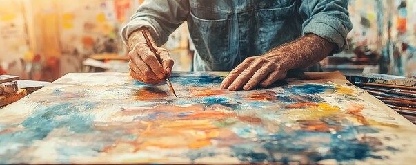 A painter creates an abstract masterpiece on a canvas, using vibrant colors and expressive brush strokes in a lively studio setting.