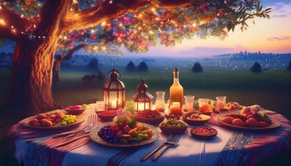 Elegant Ramadan Kareem Background with Lanterns, Crescent Moon, and Floral Patterns in Gold and Blue