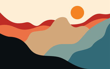 Minimal abstract sunset mountain landscape background vector