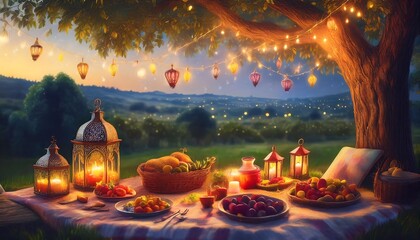 Elegant Ramadan Kareem Background with Lanterns, Crescent Moon, and Floral Patterns in Gold and Blue