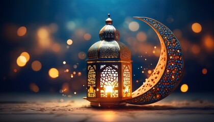 Elegant Ramadan Kareem Background with Lanterns, Crescent Moon, and Floral Patterns in Gold and Blue