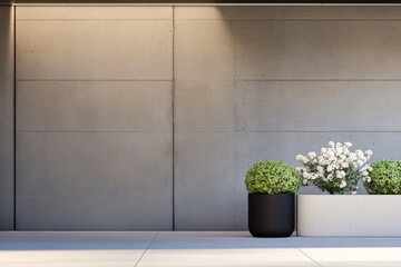Modern minimalist outdoor space with stylish plant arrangements and concrete walls
