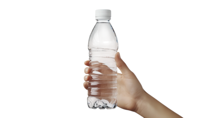 Hand holding a clear bottle of water in a bright setting