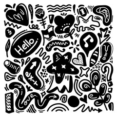 Hand drawn doodle design elements. flower, Arrow, heart, leaves, star, sparkle decoration symbol set icon.