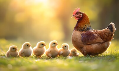 a mother hen with her chicks on the grass, Generative AI