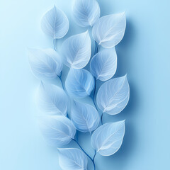 Delicate blue leaves arranged artistically against a soft blue background