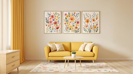 Living Room with Yellow Sofa Floral Accents, Botanical Prints, Colorful Rug, Bright Decor - Ideal for Interior Design, Home Staging, Real Estate, Lifestyle Content, Spring Decor