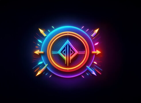 Vibrant neon logo design, featuring a central geometric symbol encircled by radiating arrows and glowing rings.  A futuristic and energetic aesthetic.
