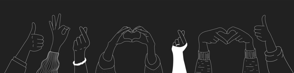 Obraz premium Doodle sketch hands up gestures comic icons silhouettes vector set. Group of line art fun comic hands in the air. Voting or happy congratulation audience recognition symbols.