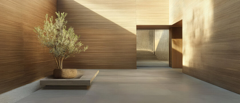 Modern architectural space featuring natural elements and warm light in a serene environment
