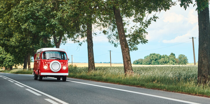 Retro van journey through scenic summer countryside