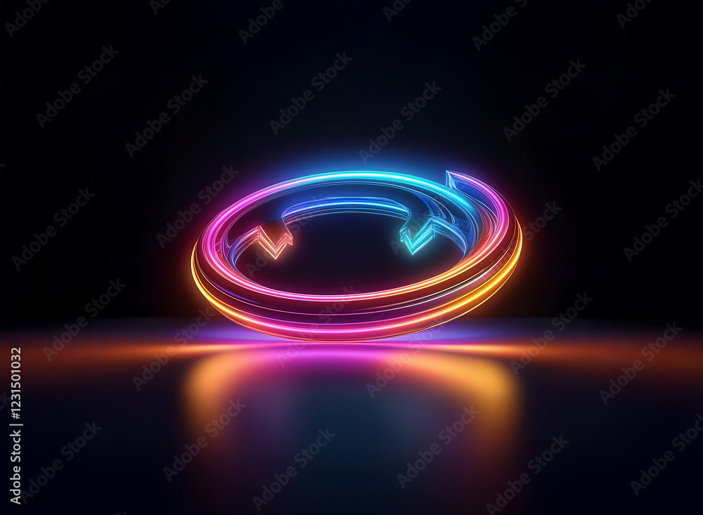Poster vibrant neon light forms a dynamic circular, swirling design. the glowing, multicolored arrows creat
