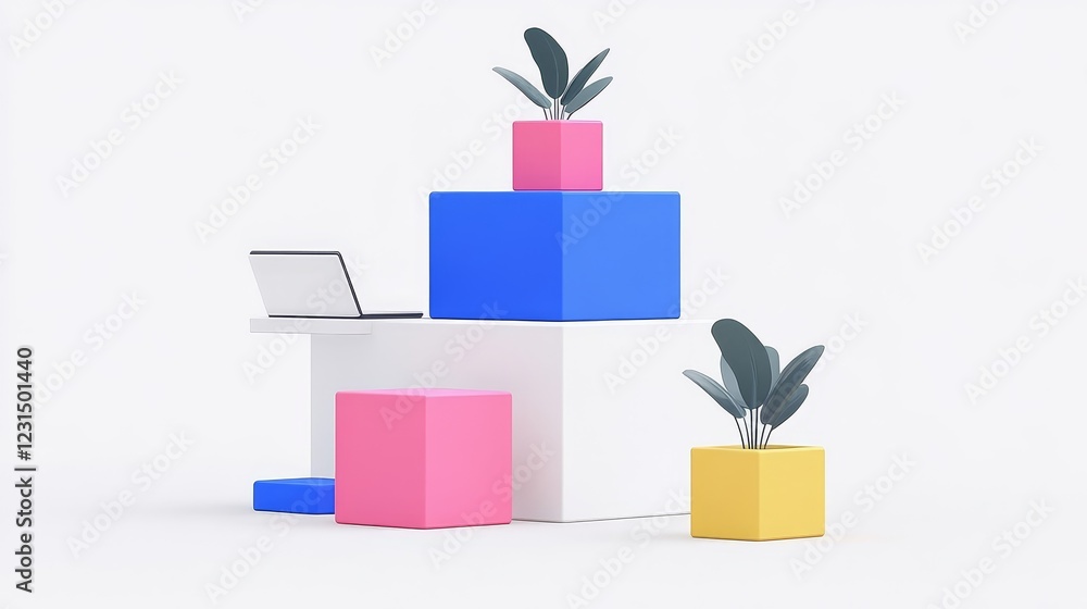Poster abstract 3d rendering of colorful geometric shapes and plants, representing a modern workspace