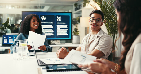 Collaboration, documents and strategy with business people in office together for planning or...