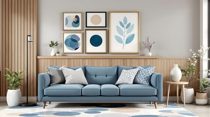 Modern Living Room with Blue Sofa - Abstract Art, Gallery Wall, Indoor Plant - Ideal for Home Decor, Interior Design, Real Estate, or Lifestyle Content